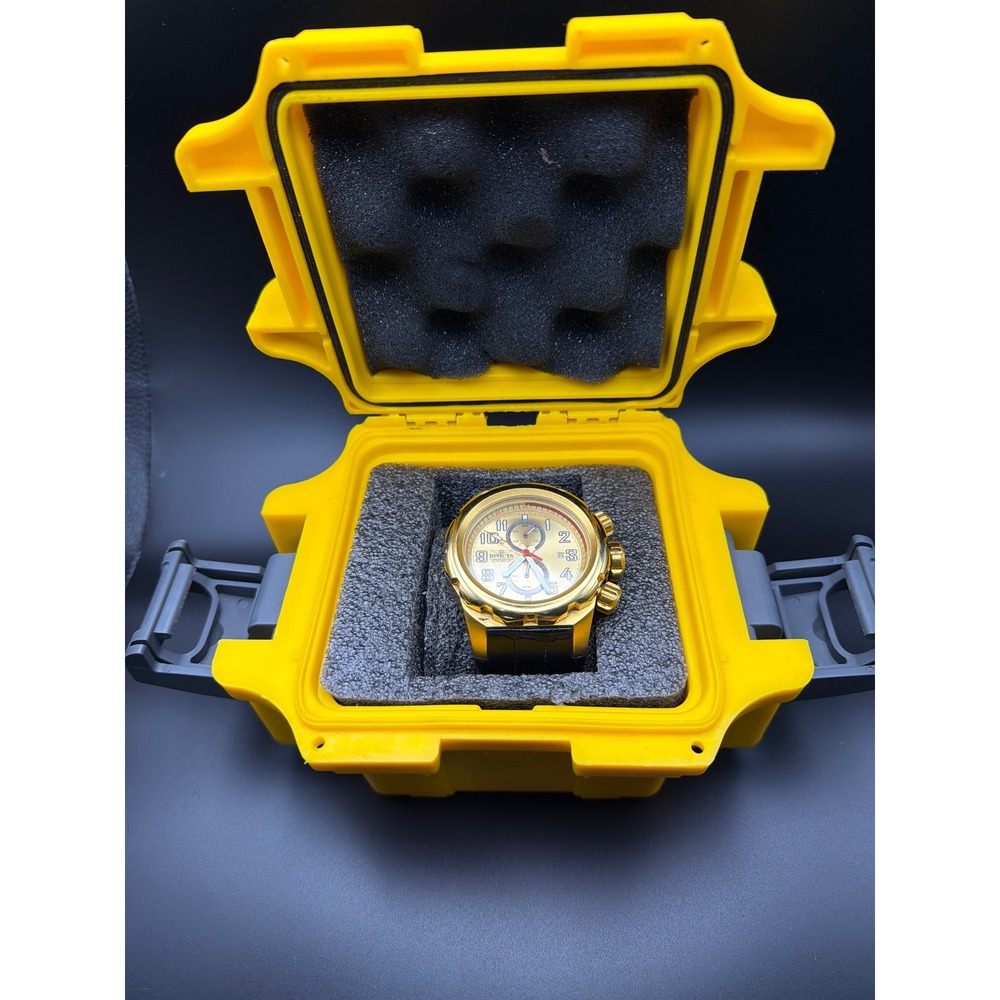 Invicta 15071 Specialty Gold Tone Chronograph Watch Black Leather Strap Case